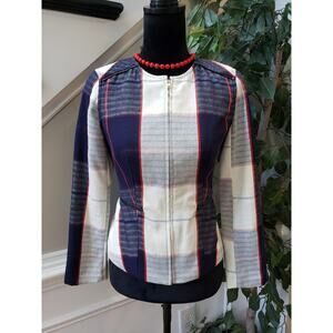 Merona Blazer Jacket Women XS Beige Blue Career Plaid Lined Long Sleeve Full Zip